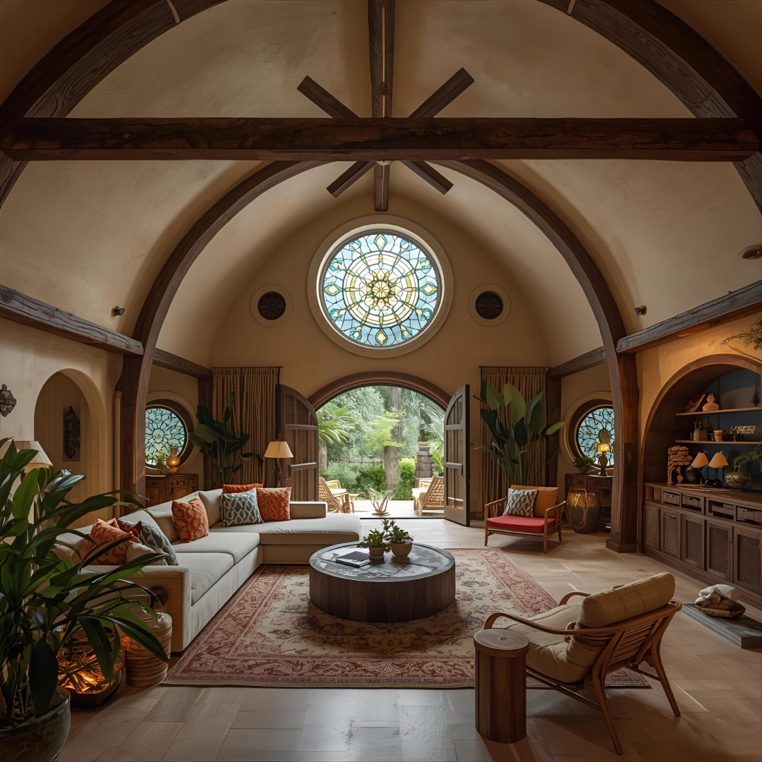 A spacious living room with a high vaulted ceiling and modern rustic decor.